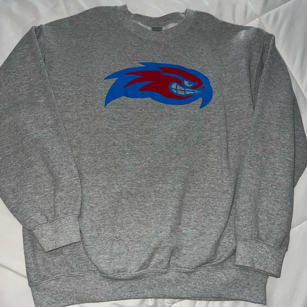 UMass Lowell Gildan Gray Crew Neck Sweater with Riverhawk logo